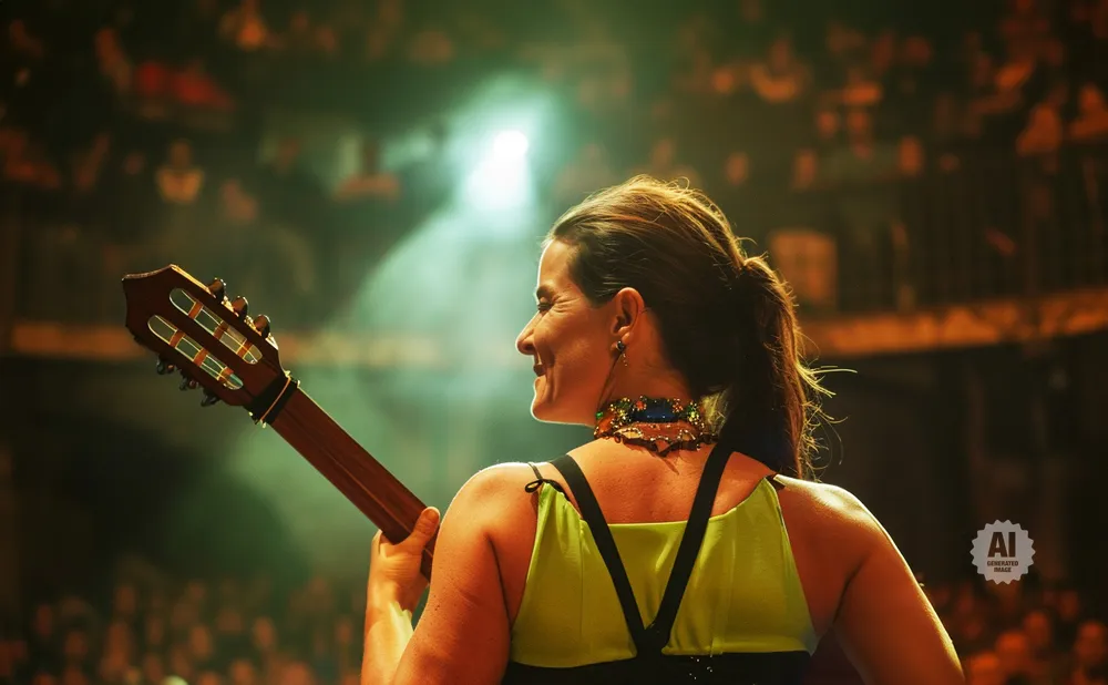 Woman with a guitar smiles during a performance.