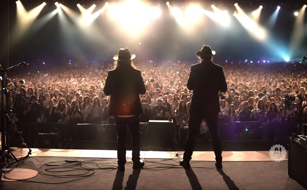 Two men in cowboy hats on stage in front of a large, cheering crowd at a concert.