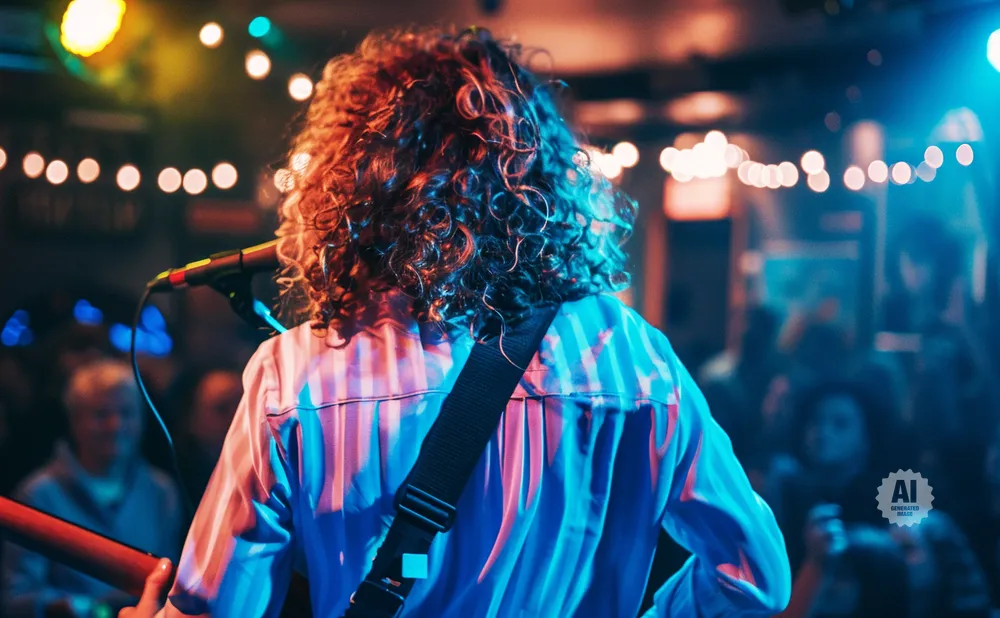 A person with curly hair plays guitar on stage, lit by blue and orange lights.