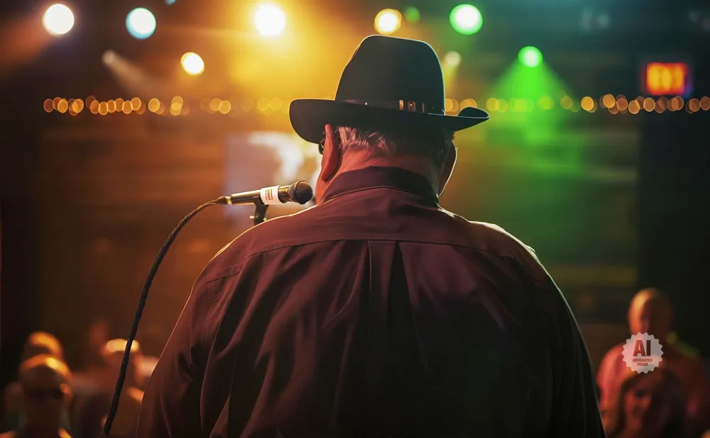 Man in a black hat on stage, facing away from the camera, speaking into a microphone, with audience and stage lights in the background.