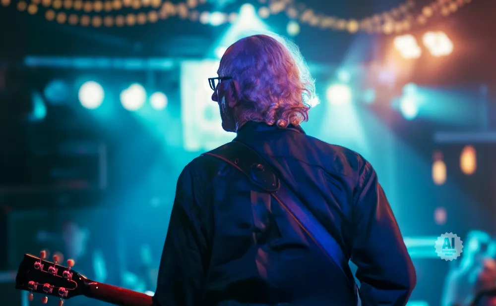 Musician with curly white hair and glasses, seen from behind, playing a guitar on a brightly lit stage.