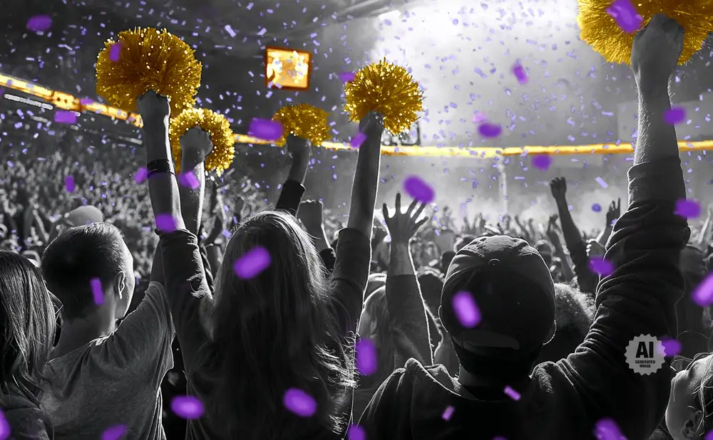Fans cheer with golden pom-poms amidst falling purple confetti.