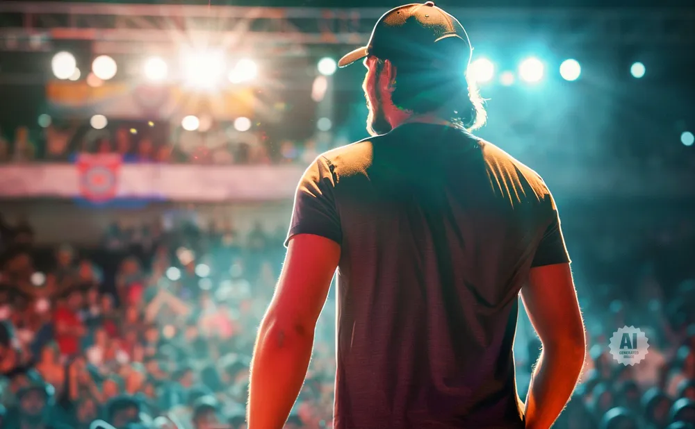Man in a baseball cap on stage, back to camera, facing a cheering crowd under bright lights.