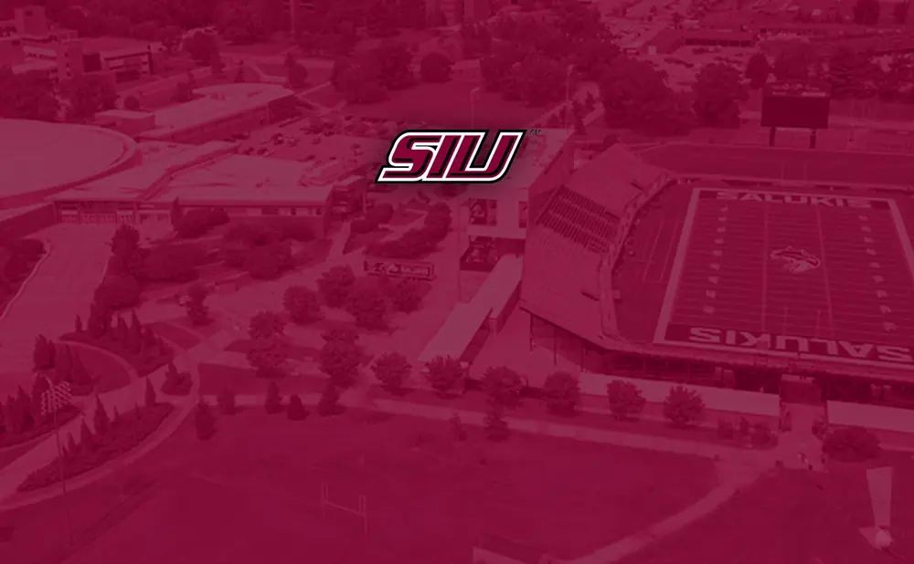 Aerial view of SIU campus, featuring the SIU logo, stadium, and buildings.