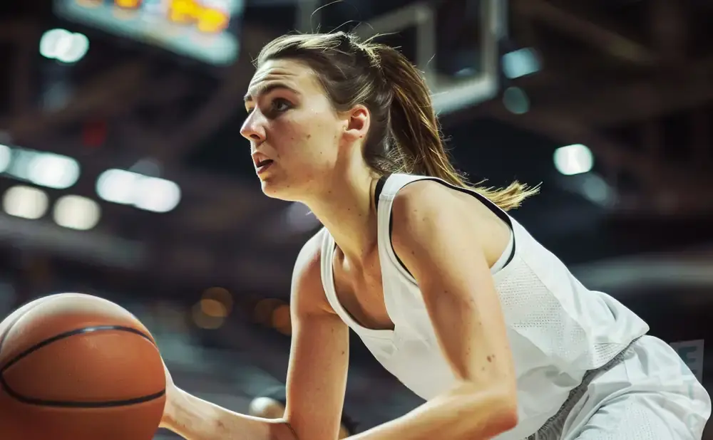 A female basketball player in a white jersey dribbles a ball on a court.