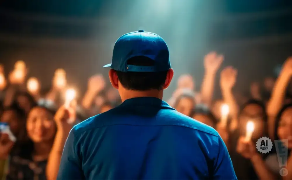 Back of a person in a blue cap facing a crowd holding up lights.