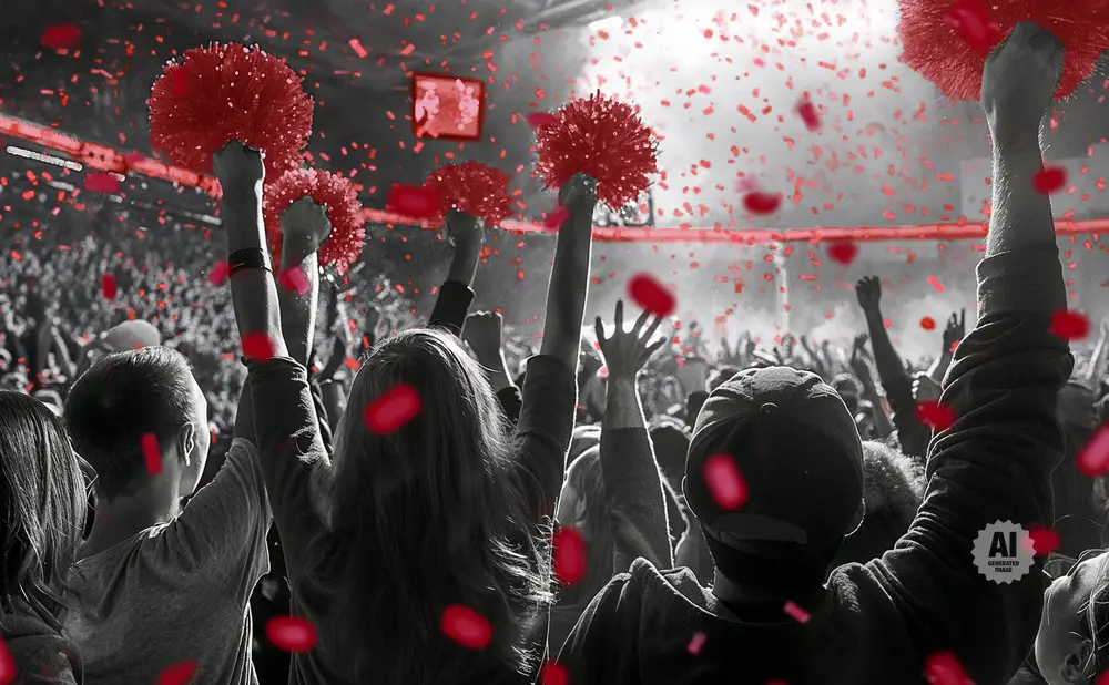 Crowd cheering with red pom-poms and confetti in a black and white image with red accents.