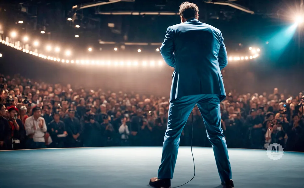 Man in a blue suit on stage facing a large audience under spotlights.