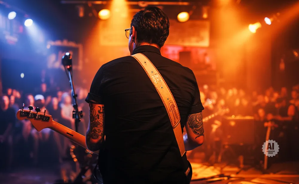 Guitarist on stage facing away from camera, playing for a blurred audience under orange and blue lights.