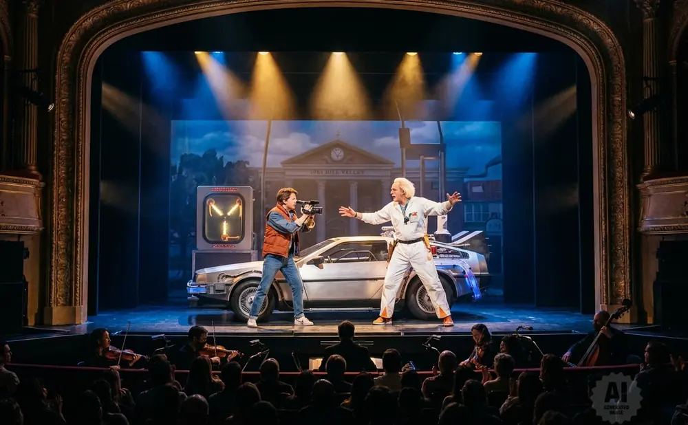 Stage musical performance with actors in 1950s attire, a clock tower, and a DeLorean car.