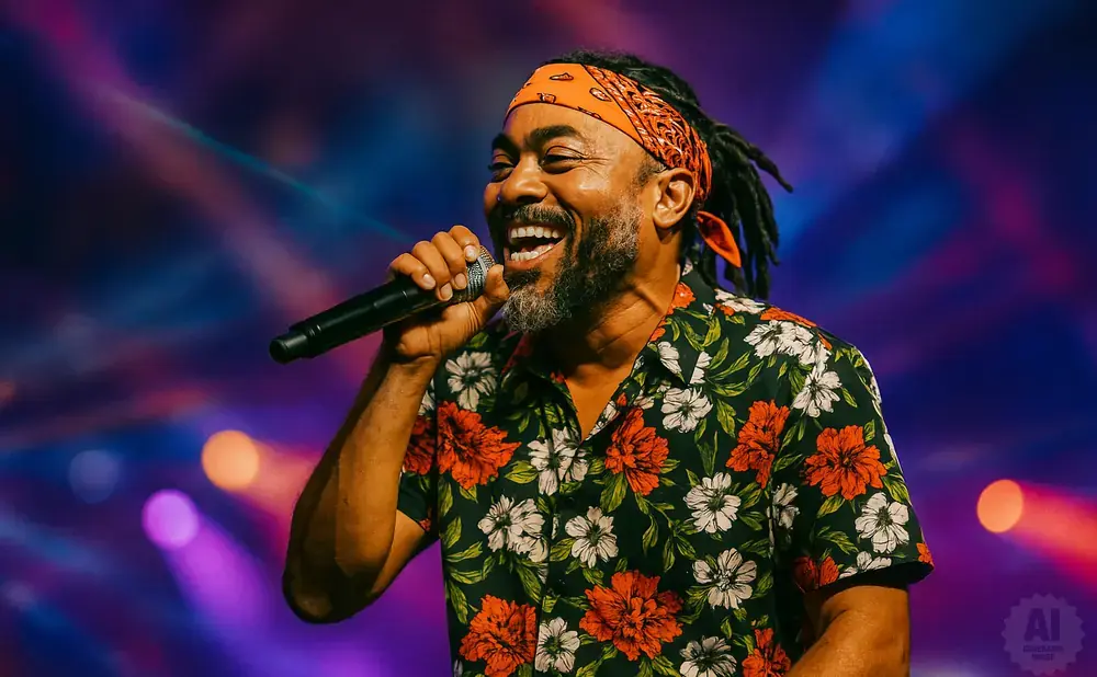 A Black man with dreadlocks and an orange bandana sings into a microphone on a stage with colorful lights.