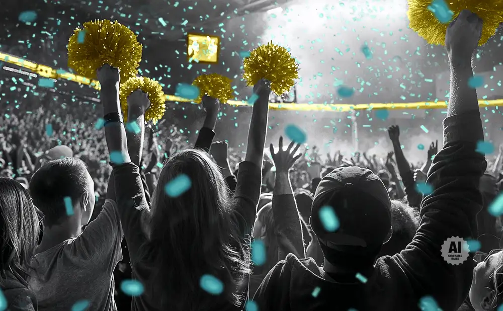 Crowd cheers with yellow pom-poms as blue confetti falls.