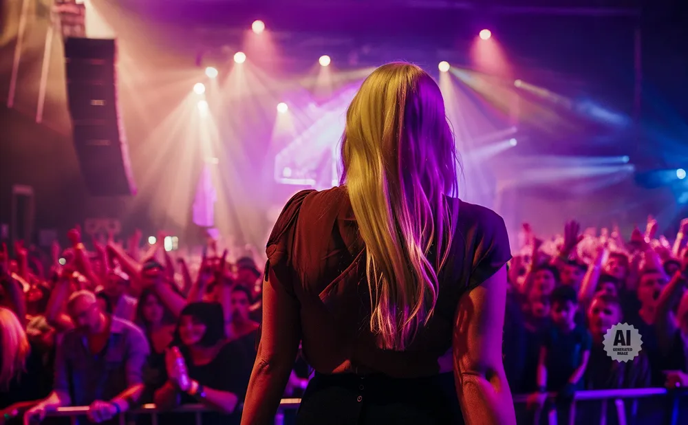 A woman with blonde hair faces a cheering crowd at a concert.