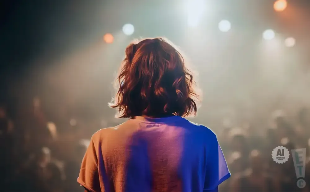 A person stands on a stage, facing away from the camera, bathed in stage lights.