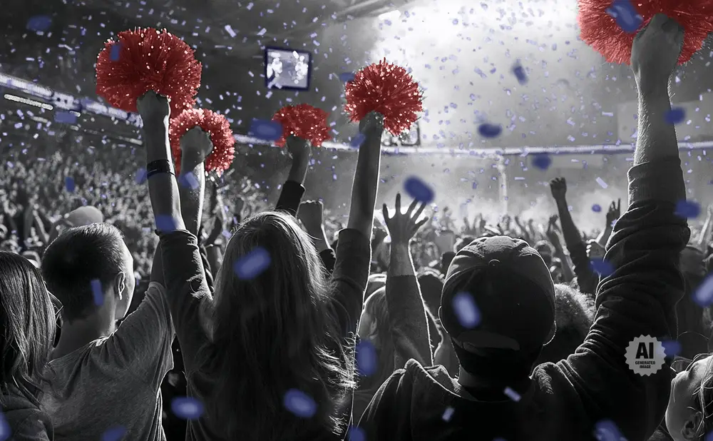 Fans in a stadium cheer, holding red pom-poms as confetti rains down.