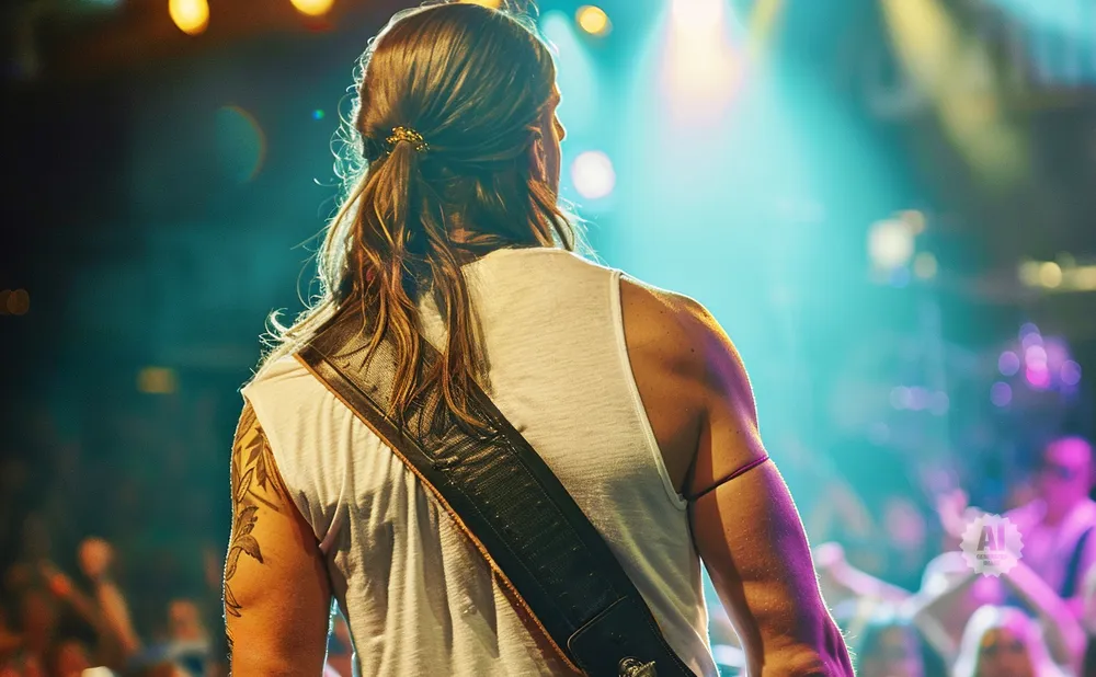 A man with long hair tied back, wearing a white tank top and guitar strap, stands on a stage with a crowd in the background.