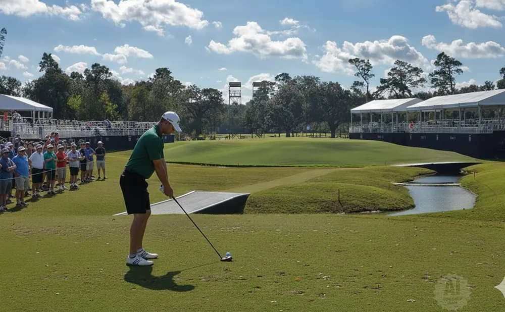 Golfer in green shirt and white hat tees off with spectators watching.