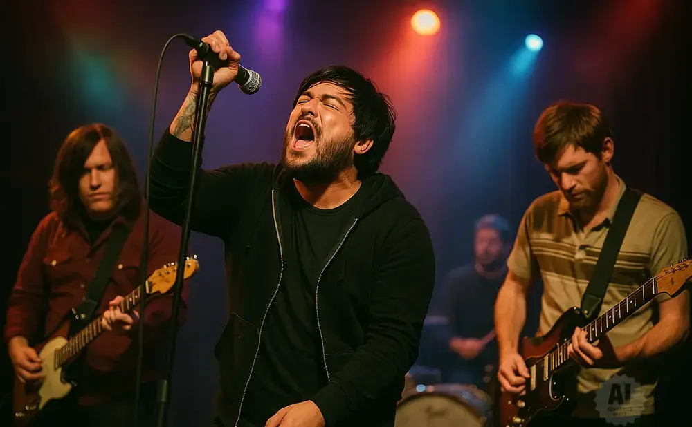 A band performs on stage with a singer in the foreground singing into a microphone.