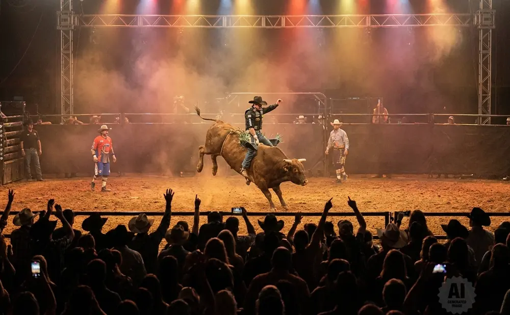 Rodeo bull rider on a bucking bull in a packed arena with audience cheering.