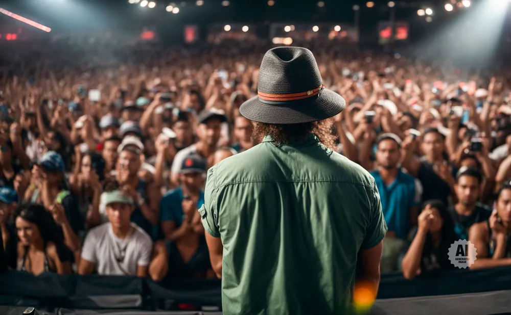 Man in hat and green shirt facing a cheering crowd at a concert.