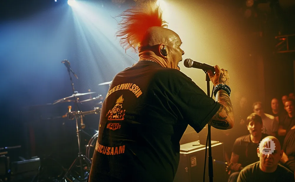 Punk singer with a mohawk sings into a microphone on stage, with a band and crowd in the background.