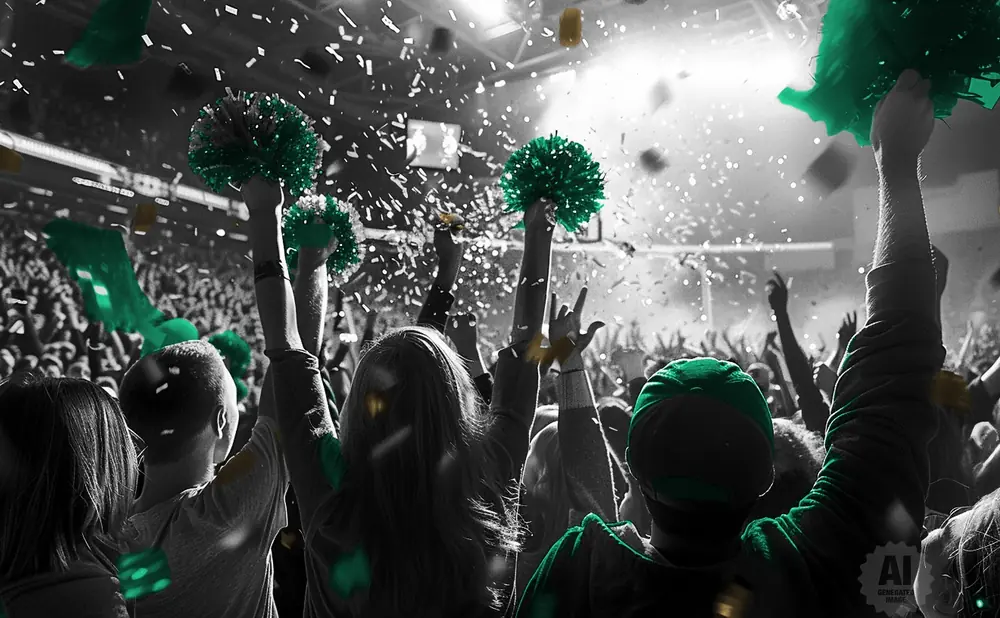 Crowd cheering at a concert with green pom-poms and confetti.