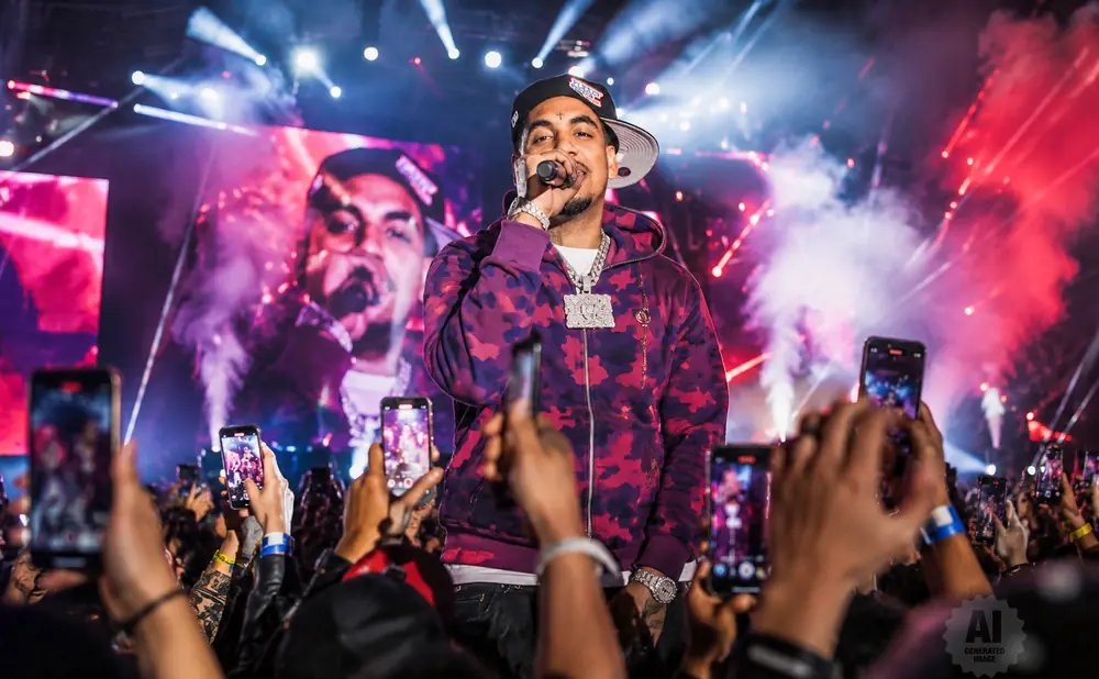A rapper performs on stage with a large screen behind him, as an audience holds up phones to record.