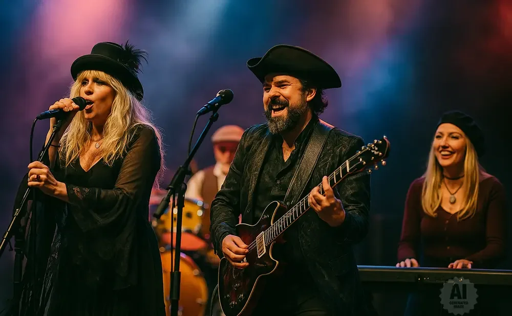 A band performs on stage with singers and a guitarist.