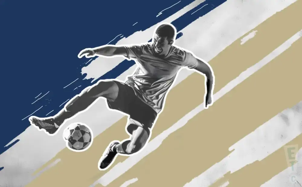 A soccer player in mid-air, kicking a soccer ball, against a blue and beige background with diagonal stripes.