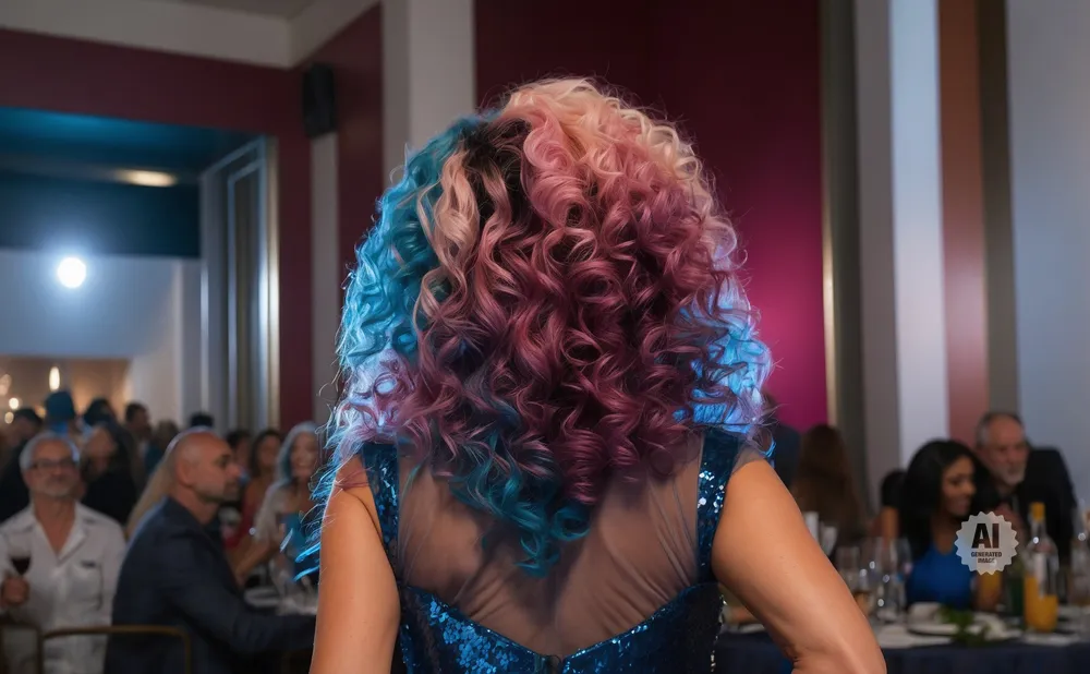 Woman with curly, pink, purple, and blue hair in a sparkly blue dress, viewed from behind at a formal event.