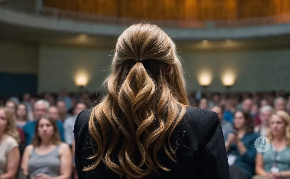 Woman with blonde hair tied in a half-ponytail, wearing a black blazer, faces a blurred audience in a lecture hall.