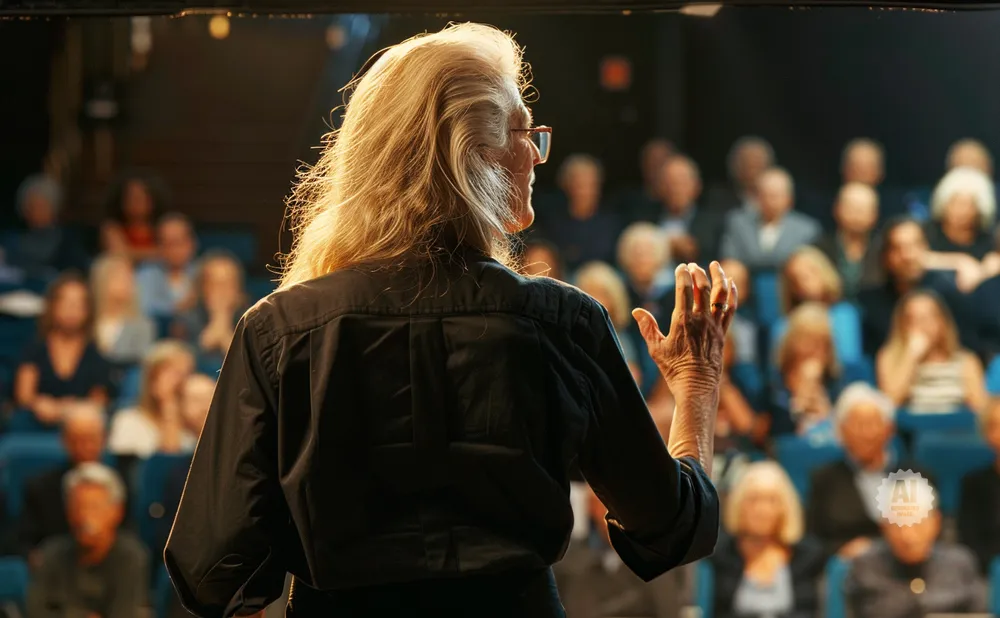 Woman with long blonde hair addresses an audience from behind, gesturing with her hand.