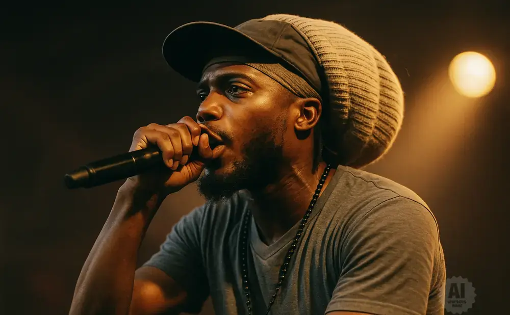 A Black man wearing a cap and knit beanie raps into a microphone, bathed in warm stage light.
