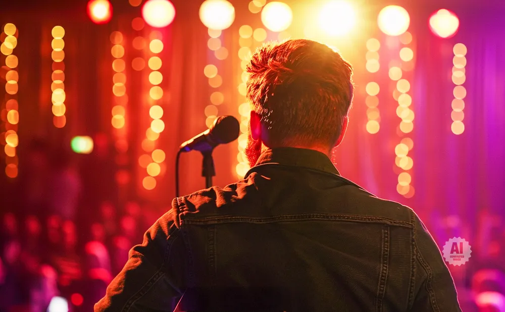A man faces a microphone on stage with blurred lights behind him.