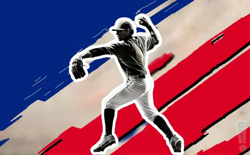 A black and white baseball pitcher in mid-throw against a red, white, and blue background.