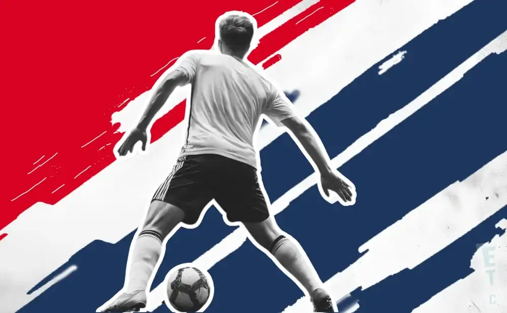 Soccer player dribbling ball against a red, white, and blue abstract background.