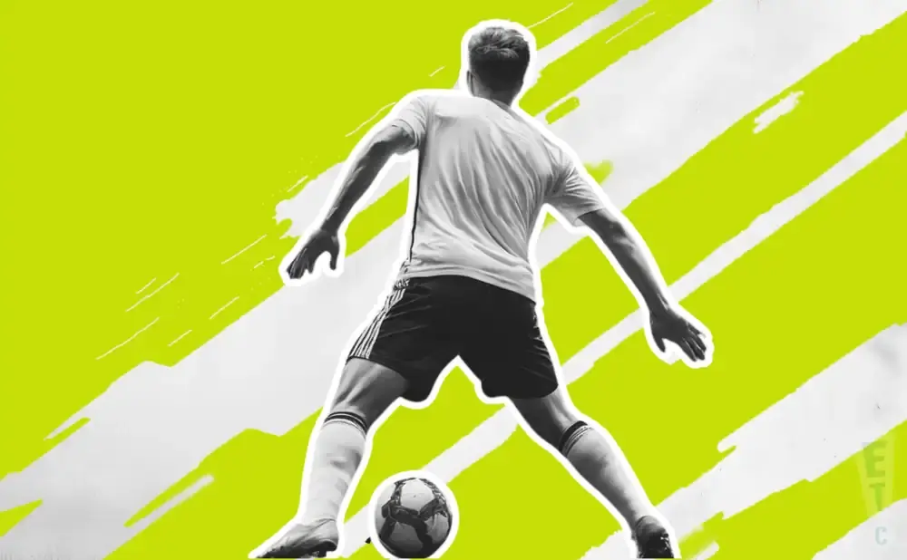 A soccer player in black shorts and white jersey kicks a ball, set against a bright green and white abstract background.