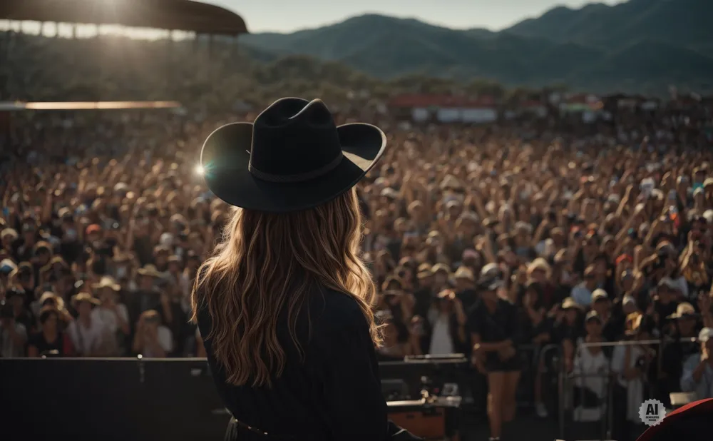 Woman in black hat on stage faces a large, cheering crowd at an outdoor music festival with mountains in the background.