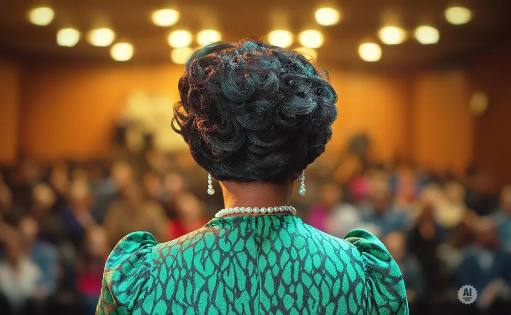 Back view of a woman with a beehive hairstyle, wearing a green patterned dress, pearl necklace, and earrings, speaking to an audience.