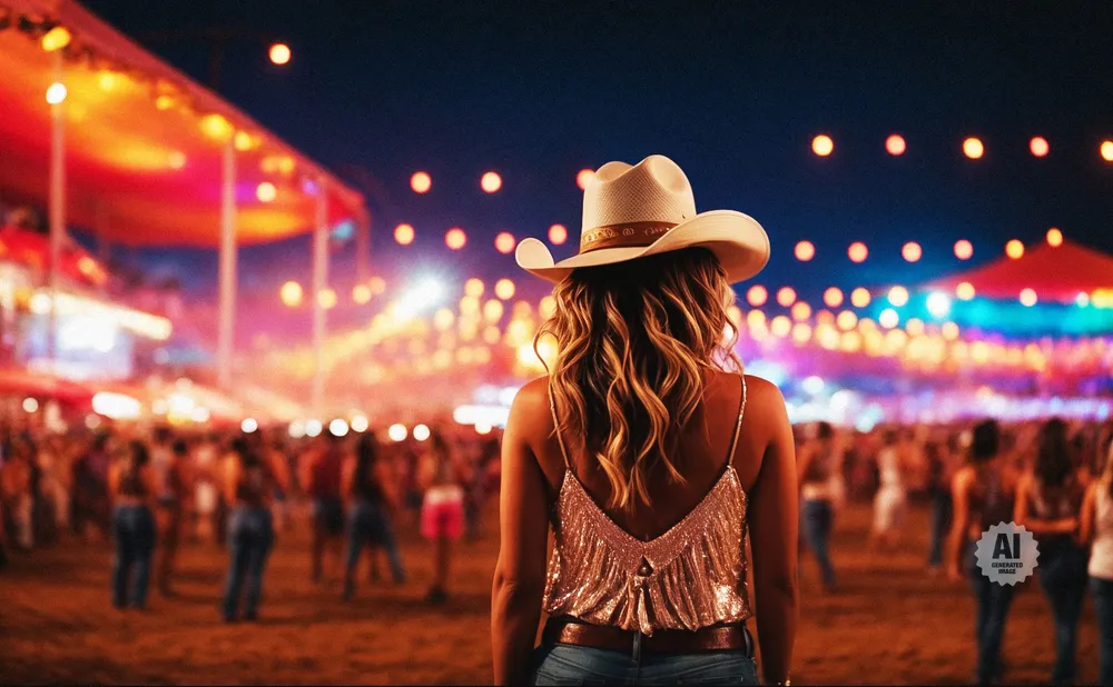 A woman in a cowboy hat and sparkly top faces away from the camera at a lively outdoor concert at night.