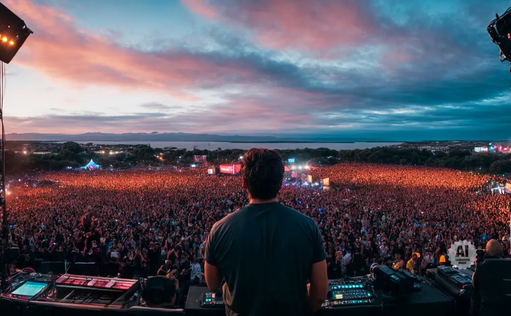 DJ overlooks a massive crowd at an outdoor music festival as the sun sets.