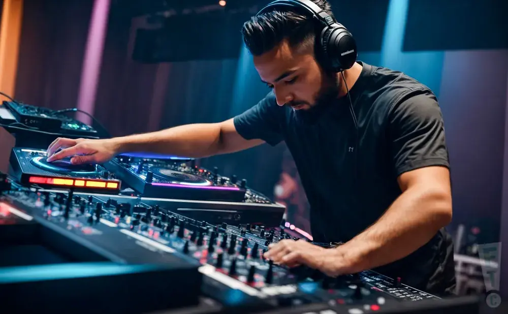A DJ wearing headphones mixes music on turntables and a mixer at a club.