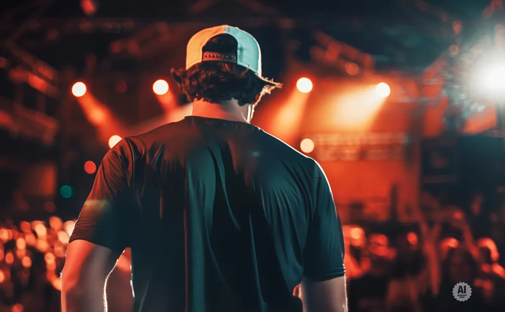 A man in a black t-shirt and baseball cap faces away from the camera on a stage, with red lights and a crowd blurred in the background.