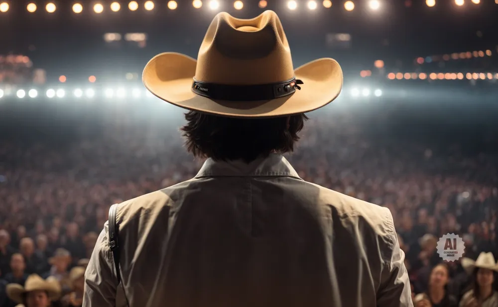 Back view of a person in a cowboy hat on stage facing a large audience.