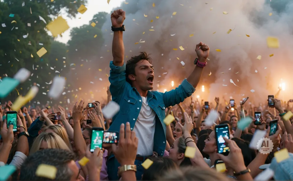 A man with arms raised cheers at a concert as confetti falls. Many in the crowd hold up smartphones.