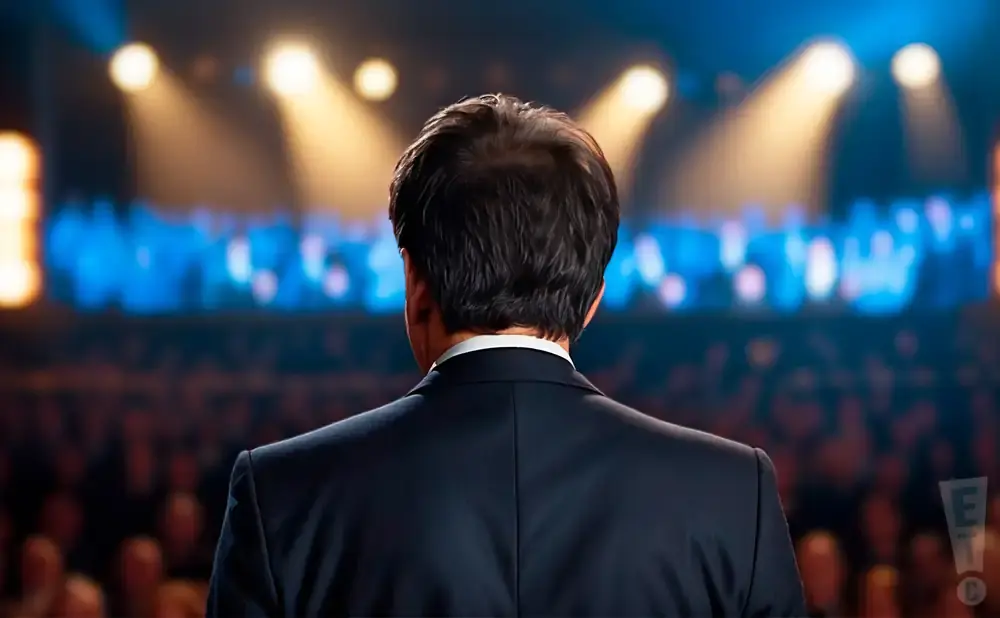 Man in a suit on stage facing away from camera, audience in blurry background.
