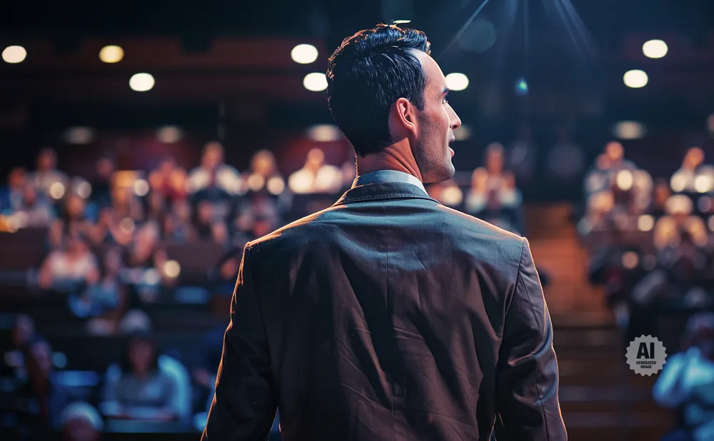 Man in suit speaking to an audience under spotlights.