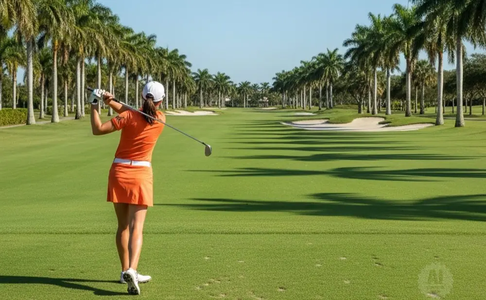 A golfer in an orange outfit swings her club on a sun-drenched golf course lined with palm trees.