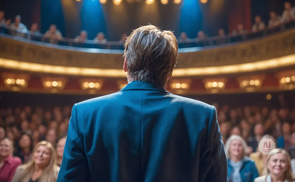 A man in a blue suit speaks to a cheering audience in a theater.