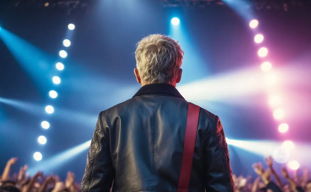 A rockstar with blonde hair in a black leather jacket stands on stage facing a cheering crowd.